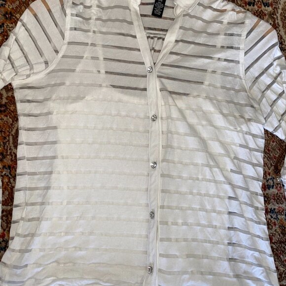 INC Shadow Stripe White Rhinestone Buttons Top w/ Spaghetti Shirt Underneath P/S - Picture 4 of 9
